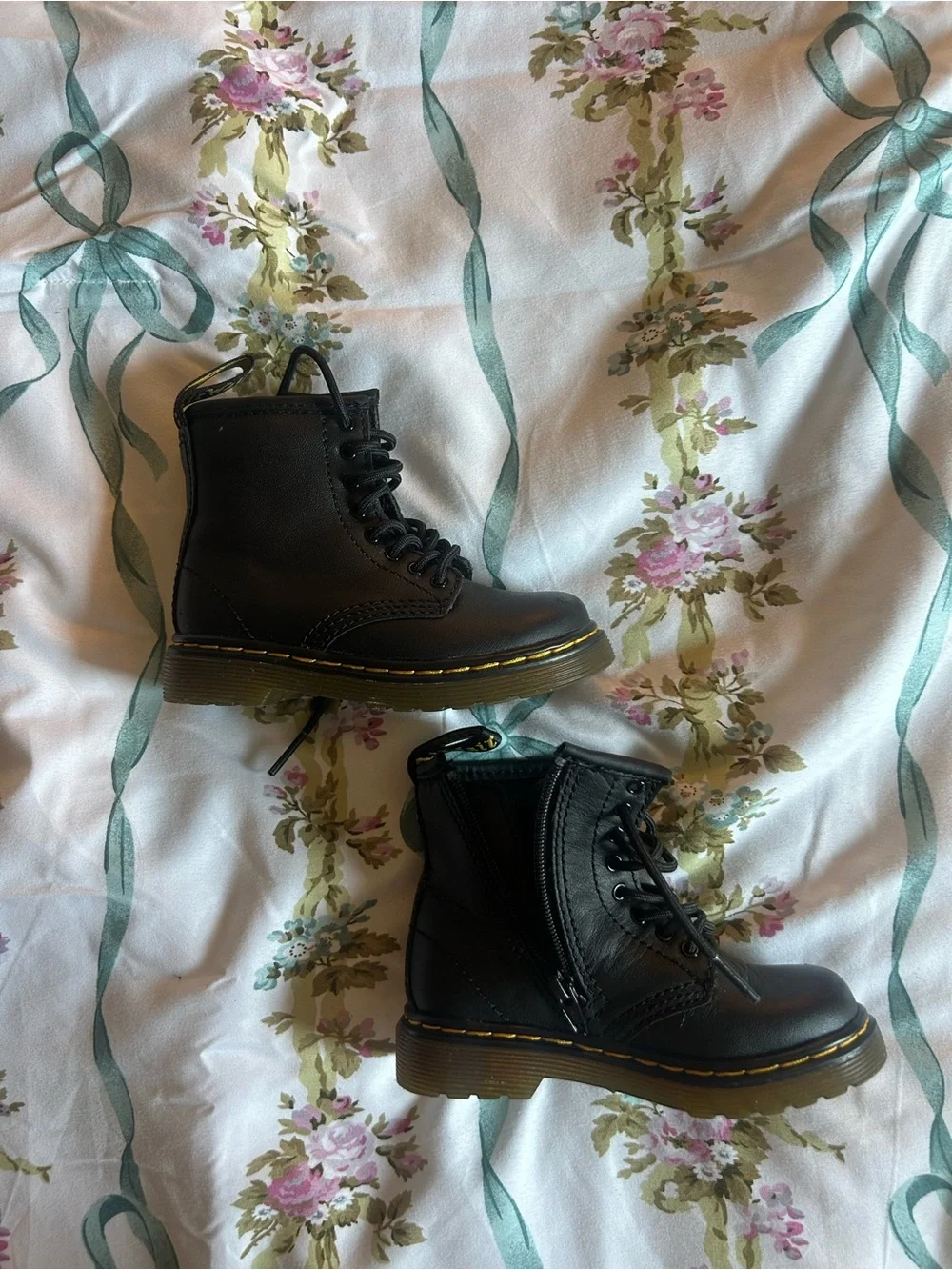 Toddler Black Doc Marten Combat Boots with Yellow Welt Stitching